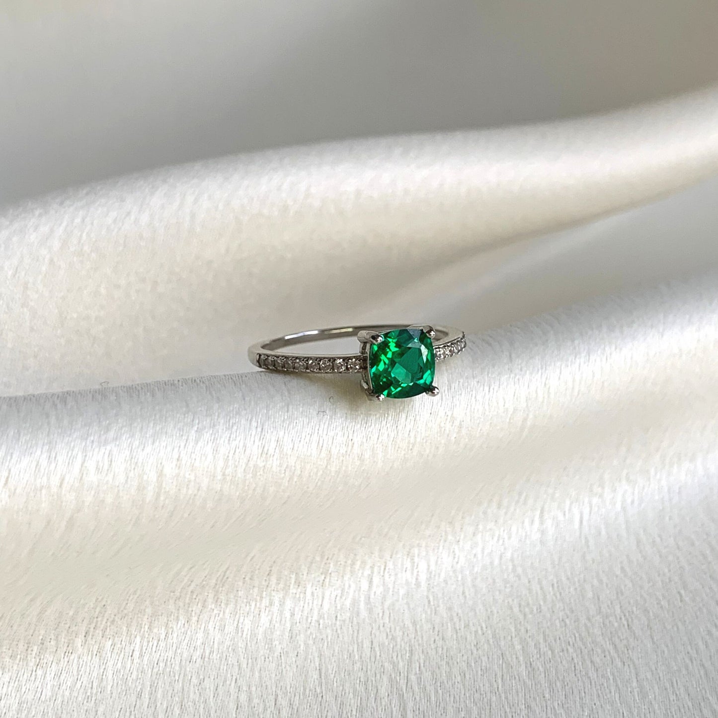 Cushion Ring with Lab Grown Emerald