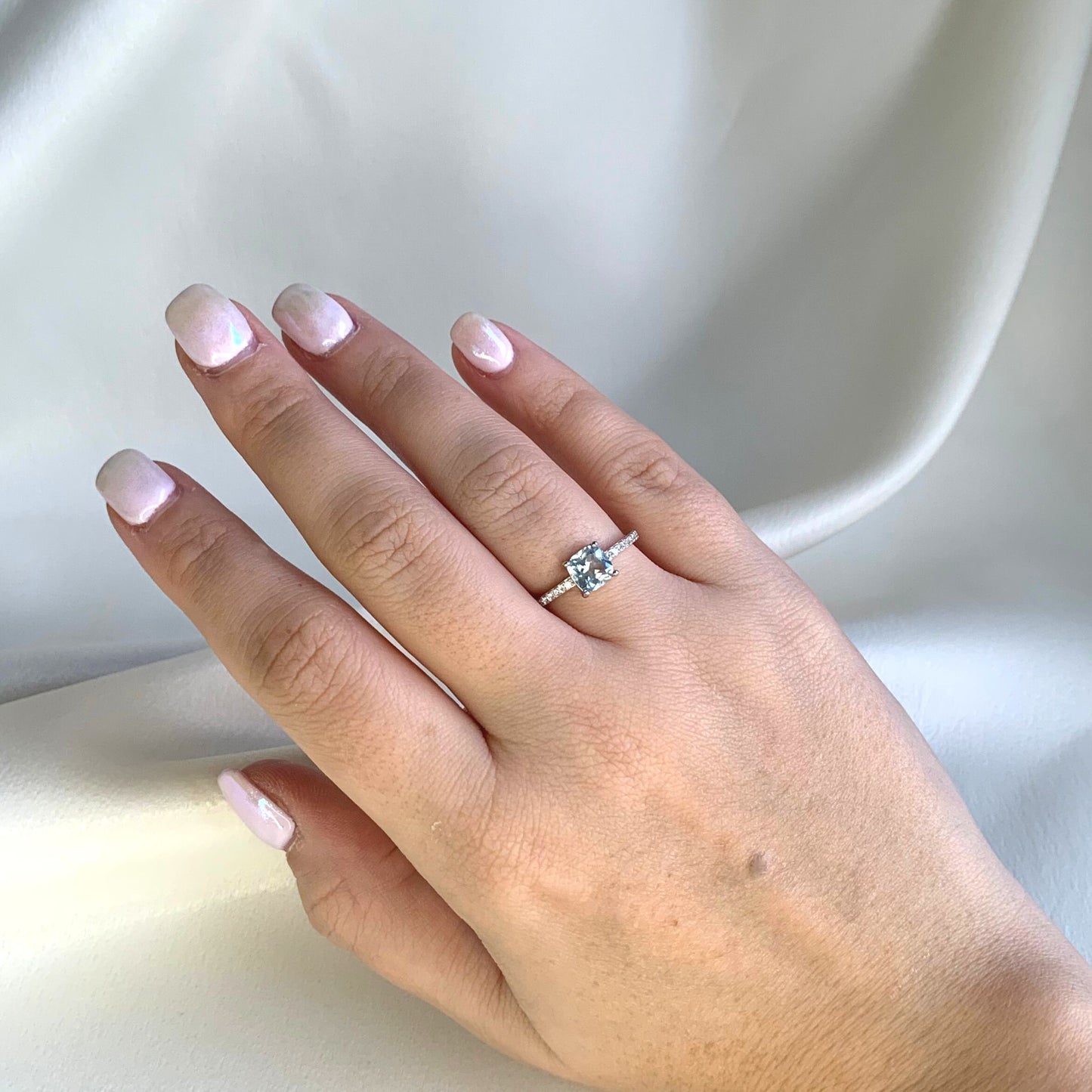 Cushion Ring with Lab Grown Aquamarine